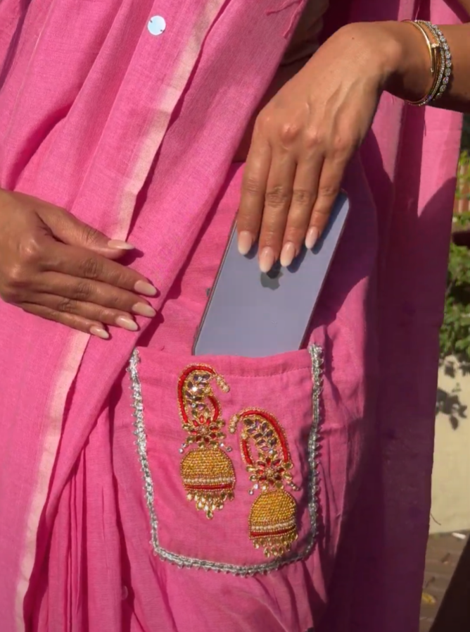 Valentino Jhumka – Ready-to-Wear Pocket Saree with Jhumka Embroidery - Kozylook